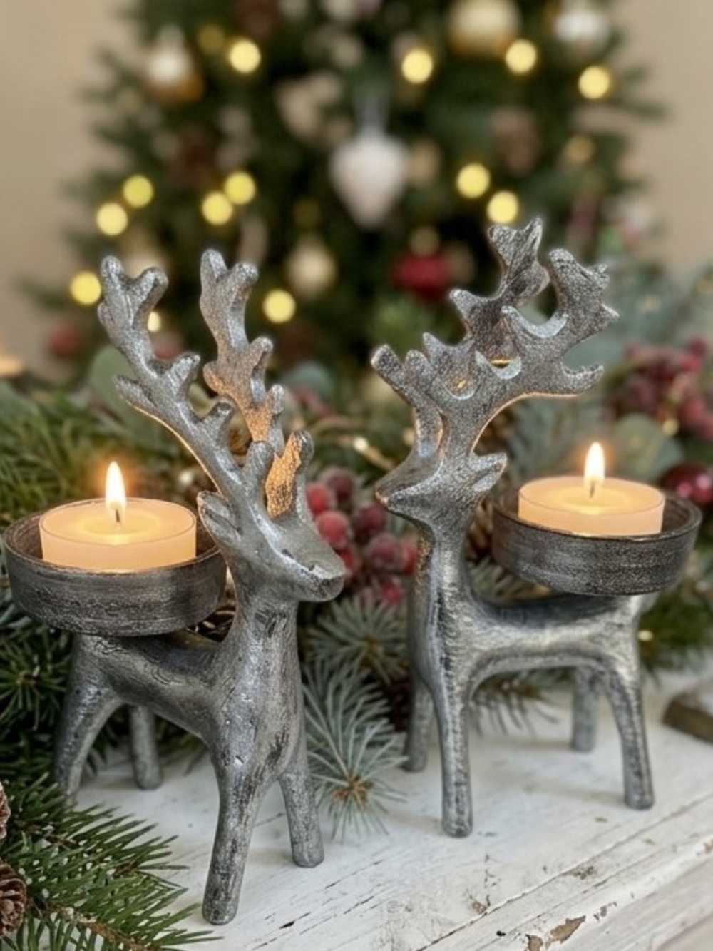Pier 1 Imports Silver Finish Metal Reindeer Tea Light Candle Holder Set Of Two